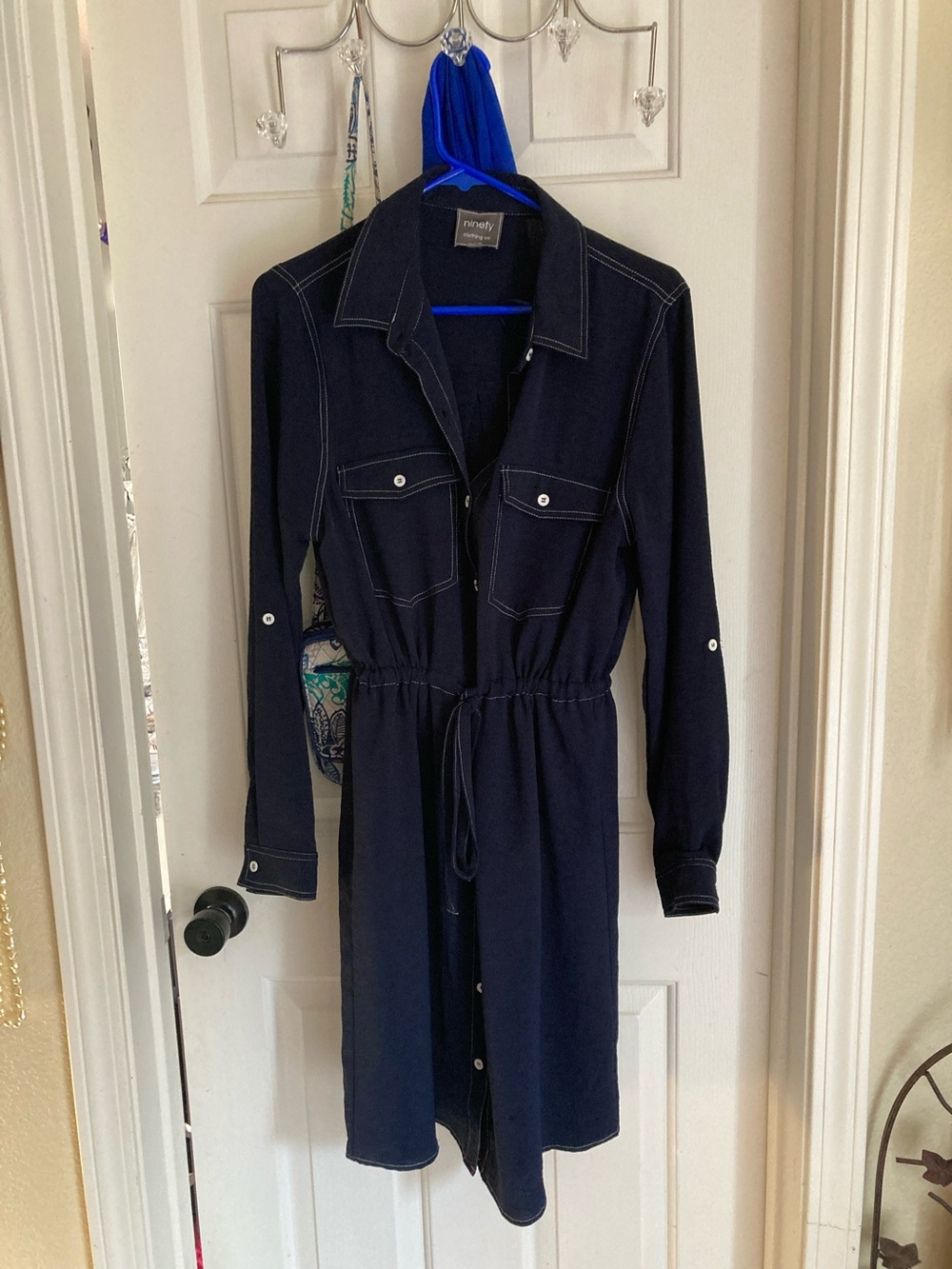 Ninety Navy Button-Front Long Sleeve Shirt Dress